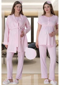 Resim Mecit Pijama Mecit 6001 Pembe Çizgili Sabahlıklı Lohusa Pijama Takımı 