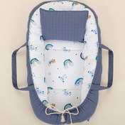 Resim Babynest ve Yastık - Çift Taraflı - İndigo Müslin - Mavi Gökkuşağı 