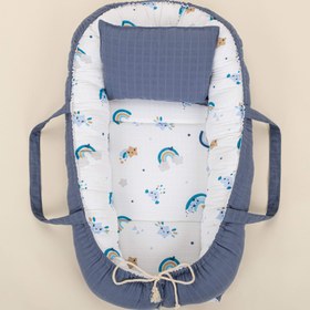 Resim Babynest ve Yastık - Çift Taraflı - İndigo Müslin - Mavi Gökkuşağı 
