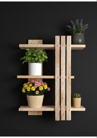 Resim Ahşap Dekoratif Masif Ahşap 3 Katlı Duvar Rafı Çiçeklik Kitaplık - Saksı Standı 60x50 Cm Bej 