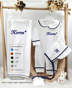 Resim Gros Shop Biyeli 4'lü %100 Pamuklu Hastane Çıkış Tulum Seti Ve Battaniyesi Lacivert 