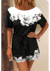 Resim Kadın Tek Omuzu Açık Çiçek Desenli Beli Kuşaklı Iki Iplik Mini Short Tulum Siyah 