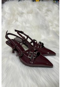 Resim Günlük Kadın Rugan Arkası Açık Tokalı Ayarlanabilir Kemerli Sivri Burunlı İnce Topuklu Ayakkabı 44 Bordo 