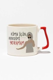 Resim Kimse İçin Kendimi Yoramam Hediyelik Eğlenceli Baskılı Kırmızı Kulplu Modern Seramik Kupa, QBLK1621_KR 