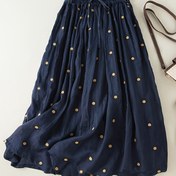 Resim Kadın Yüksek Belli Polka Dot Midi Etek - Vintage Stil, Elastik Bel Bandı, Akışkan Tasarım, Açık Mavi Altın Noktalı, Bahar/Yaz, Sonbahar Modası İçin Mükemmel | Akışkan Etek | Elastik Bel Bandı Etek 