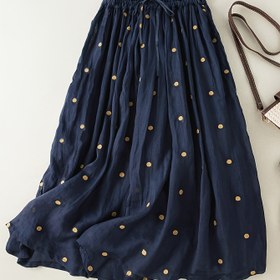 Resim Kadın Yüksek Belli Polka Dot Midi Etek - Vintage Stil, Elastik Bel Bandı, Akışkan Tasarım, Açık Mavi Altın Noktalı, Bahar/Yaz, Sonbahar Modası İçin Mükemmel | Akışkan Etek | Elastik Bel Bandı Etek 