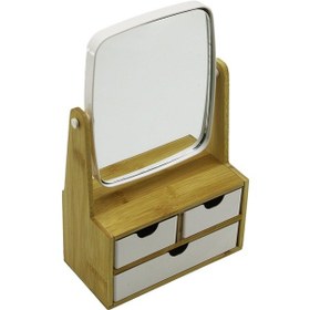 Resim 3 Çekmeceli Bambu Ahşap Standlı 9x9.5x18x21.5cm Makyaj Aynası 15x18cm Takılık 2+1 Organizer 4741 Altın - Beyaz 