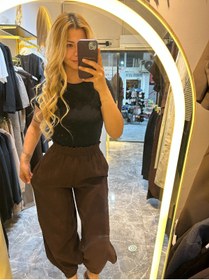 Resim ekim aslan boutique kahve müslin bel lastik bol şalvar pantolon 