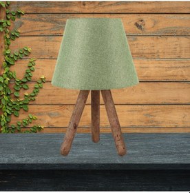 Resim Tasarım Üç Ayaklı Ahşap Abajur Yeşil Kumaş Başlık Yatak Odası Salon Oturma Odası Yeşil 