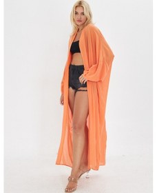 Resim Kutaf Turuncu Uzun Yumusak Ipek Karısımlı Kimono / Beachwear Turuncu 