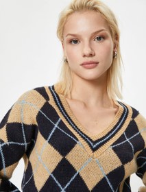 Resim Baklava Desenli Oversize Triko Kazak V Yaka Yumuşak Dokulu 