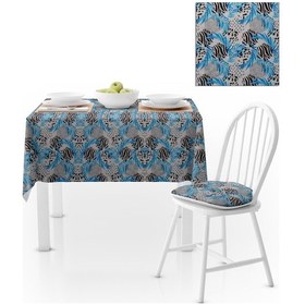 Resim Yaprak Desenli Mavi Siyah Beyaz Dijital Baskılı Petek Dokuma Masa Örtüsü 140x180 