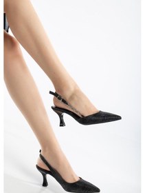 Resim Kadın Topuklu Abiye Ayakkabı Siyah Parlak Taşlı Zincir Aksesuarlı-3871 Siyah 