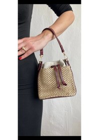 Resim Glemix Maria Hasır Bordo Büzgü Kapama Kova Model Mini Kadın Omuz Çantası Hasır Bordo 