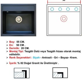 Resim Öztaş Öz-55S Granit Mutfak Eviye Siyah 50 x 55 CM 