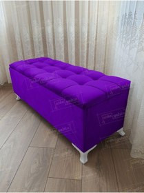 Resim Çizgi Kapitoneli Sandıklı Puf 90 Cm Beyaz Ayak Lila 