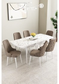 Resim Clara Beyaz Mermer Desen 80x132 Açılabilir Mdf Masa Yemek Odası Takımı,mutfak Takımı 6 Adet Sandalye Cappuccino 