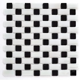 Resim MozaiKristaL Mutfak Tezgah Arası, Havuz, Banyo, Sauna, Spa, ve Yaşam Alanlarının Tüm Yüzeyleri İçin. 25X50MM. Beyaz-Siyah, 31.5X31.5 Cm. Fileli Cam Mozaik. ( 10 File Karo = 1 M2 Fiyatıdır ) 