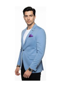 Resim Plus Scorpion Erkek Pamuklu Penye Likralı Tek Düğmeli Çift Yırtmaçlı Blazer Ceket Mavi 