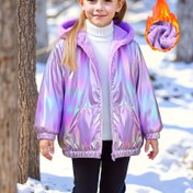 Resim Kışlık Kapüşlu Ceket, Pembe Polar Astarlı ve Yansıtıcı Kumaş - Çift Cep, Kalın Fermuarlı Mont, Dış Mekan Sporları, Günlük Giyim, 130-170cm Yaşlar, Kışlık Mont, Spor Kapüşlu Ceket, Dayanıklı Fermuar Kapatma 