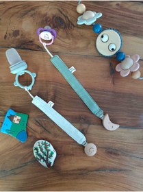 Resim Latelier Midumi Bebek, Unisex, Ahşap Uçlu, 2'li, Haki ve Mint Renk Emzik Askısı (Su Geçirmez Kilitli Organizer Çanta Hediyelidir) 