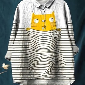 Resim Kadınlar İçin Geometrik Kedi ve Çizgili Desenli Bol Kesim Yazlık Üst - Polyester-Spandeks Karışımı, Makinede Yıkanabilir, Nefes Alabilen Her Mevsimlik Gömlek 