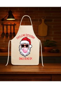 Resim Yılbaşı Mutfak Önlüğü Yeni Yıl Noel Baba Beni Öp Tasarımlı Önlük Çok Renkli 
