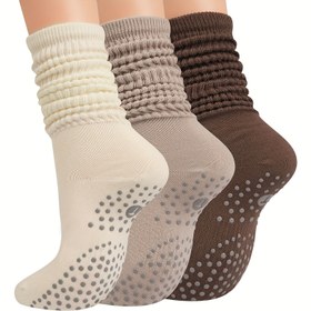 Resim Kadınlar için 3 çift kaymaz silikon yoga çorabı, Pilates ve iç mekan egzersizleri için uygun, dans ve fitness için de harika. 