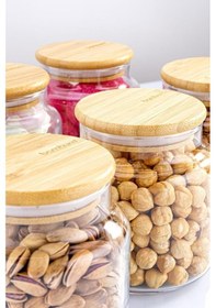 Resim Zone - 12'li Cam Saklama Kabı 600ml-800ml-1300ml Vakumlu Bambu Kapaklı Ahşap - Şeffaf 