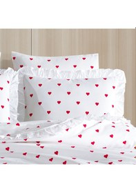 Resim Fırfırlı Kalpli Tek Kişilik Nevresim Takımı 2 Yastık Kılıfı Lastikli Çarşaflı 160x220cm Kırmızı - Beyaz 