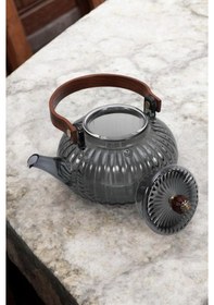 Resim Morponi Borosilikat Cam Bambu Saplı Cam Süzgeçli Ve Cam Kapaklı Bitki Çayı Demliği 800 Ml Füme Füme 
