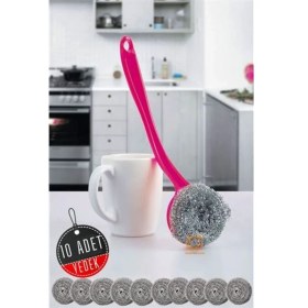 Resim Renkli Çelik Tel Bulaşık Teli 10 Yedekli Ergonomik, Dayanıklı ve Pratik Kullanım 