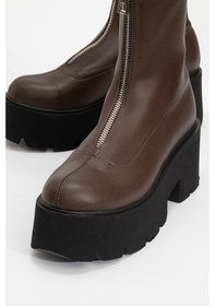 Resim Luvi Shoes Ovil Kahve Cilt Kalın Taban Fermuarlı Kadın Bot Kahverengi Deri 