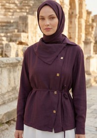 Resim adamila Kadın Bordo Yaka Düğme Detaylı Belden Bağlamalı Şık ve Modern Tesettür Gömlek Tunik Yazlık 