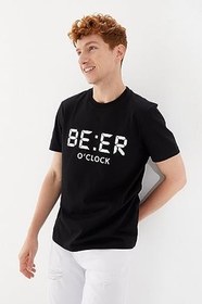 Resim Beer OClock Baskılı Bisiklet Yaka Regular Fit Tişört Siyah 
