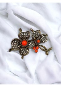 Resim Kristal Taşlı Çiçek Figürlü Broş Turuncu 