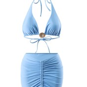 Resim Yeni Rahat Tatil Bikini Seti, Metal Kabuk Detayı ile Düz Renk - Esnek Kumaş, Bağcıklı Detay ve Ruched Tasarım ile Şık Plaj Tuvaleti 
