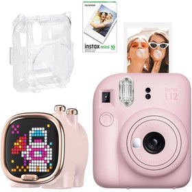 Resim Instax mini 12 Pembe Fotoğraf Makinesi-10'lu Film-Şeffaf Kılıf ve Divoom Zooe Led Ekranlı Bluetooth Hoparlör Seti 