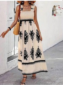 Resim Kadın Askılı Kare Yaka Gipe Detaylı Desenli Suprem Elbise Bej 