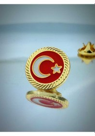 Resim Yörük Tasarım Türk Bayrağı Fasetli Altın Kaplama Yaka Rozeti Altın 