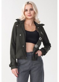 Resim Bold & Young Kadın Viskon Polyester Likralı Kumaş Kol Ucu Toka Bantlı Kuş Gözü Aksesuarlı Çıt Çıtlı Cepli Ceket Haki 