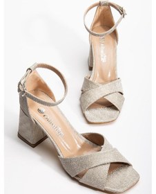 Resim Büyük Numara Kadın Topuklu Sandalet Çapraz Gold Bantlı Baretli-3860 Altın 