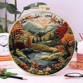 Resim Başlangıçlar İçin DIY Nakış Seti - Dağ & Ay Manzarası, Karışık Renkler, Kumaş Dahil - Mükemmel El Yapımı Hediye 