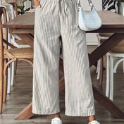 Resim Kadınlar İçin Şık Çizgili Bol Kesim Düz Bacaklı Pantolon - Sahte İp Detaylı Bel, Hafif Polyester Kumaş, İlkbahar/Yaz Günlük Giyim için Mükemmel, İlkbahar Modası Pantolon | Çizgili Düz Bacak | Hafif Kumaş 