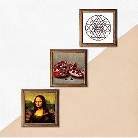 Resim Pinecone Sri Yantra, Leonardo da Vinci Mona Lisa, Nar Taş Duvar Tablosu - Ahşap Çerçeveli Taş Tablo - 25x25 cm - 3 Parça Set - Dekoratif Duvar Sanatı - Modern Ev ve Ofis Duvar Dekoru W3-1423 