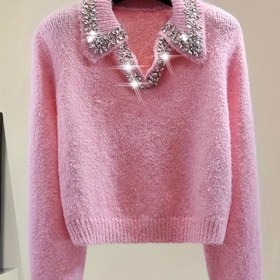 Resim Şık Pembe V-Yaka Kazak - Kadınlar İçin Rahat Kardigan, Sonbahar/Kış İçin Mükemmel, Şık ve Şık Tasarım, Kış Kardigan | Parıldayan Süslemeler | Yapı, Kazak Elbise 
