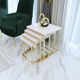 Resim Duru Kare 4'lü Zigon Sehpa, Gold Ayak, Krem Parlak Yüzey, MDF 