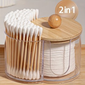 Resim 2'si 1 Arada Şeffaf Pamuklu Çubuk ve Makyaj Pedi Organizatörü - Ahşap Kapaklı, Banyo Saklama Ünitesi (Pamuklu Çubuklar, Pedler & Beauty Blender'lar İçin), Yer Tasarruflu Tuvalet Organizatörü, Doğal Ahşap Detaylı Pratik Tasarım 