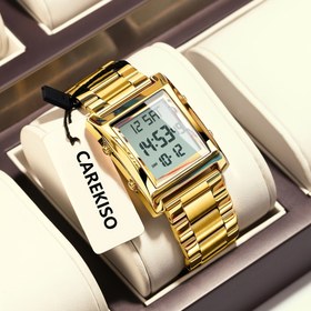 Resim KAREKISO Lüks Dijital Saat, Işıklı, Altın Tonlu Kordon, Kare Kadranlı Siyah Kayış, Takvim ve Alarm Kronograf Fonksiyonu 