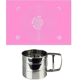 Resim Kitchen Design Lab Pembe Silikon Ölçülü Çok Amaçlı Hamur Açma Matı 45 CM X 65 CM Ve Çelik Un Eleği 